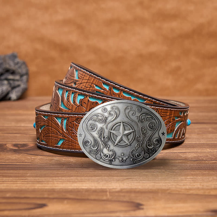 Men's DIY Western Star Creative Beer Holder Buckle Leather Belt - Antique Silver - Turquoise Carved Belt - 42 - image 9