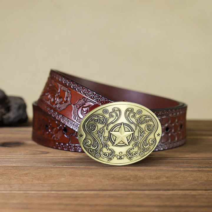 Men's DIY Western Star Creative Beer Holder Buckle Leather Belt - Antique Bronze - Brown Carved Belt - 42 - image 18