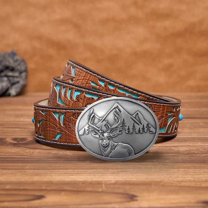 Men's DIY Carved Deer Creative Beer Holder Buckle Leather Belt - Antique Silver - Turquoise Carved Belt - 42 - image 9
