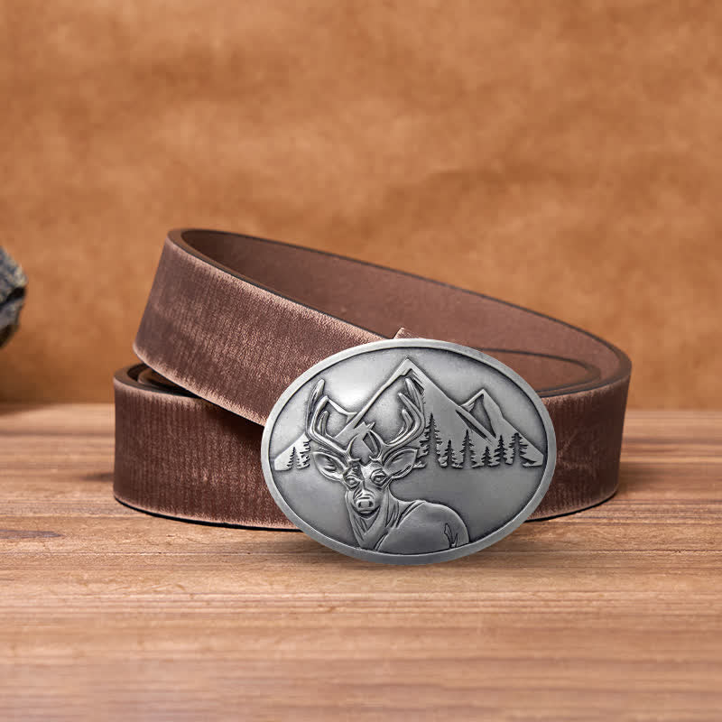 Men's DIY Carved Deer Creative Beer Holder Buckle Leather Belt - Antique Silver - Brown Distressed Belt - 42 - image 11