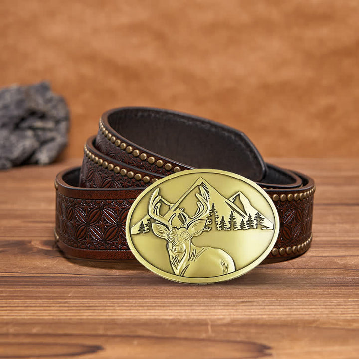 Men's DIY Carved Deer Creative Beer Holder Buckle Leather Belt - Antique Bronze - Brown Rivet Belt - 42 - image 16
