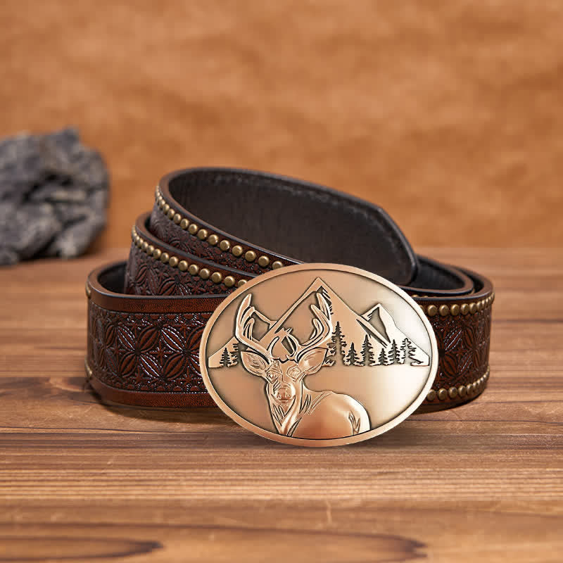 Men's DIY Carved Deer Creative Beer Holder Buckle Leather Belt - Antique Copper - Brown Rivet Belt - 42 - image 22