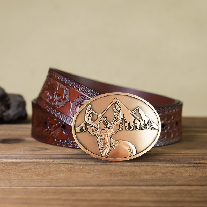Men's DIY Carved Deer Creative Beer Holder Buckle Leather Belt - Antique Copper - Brown Carved Belt - 42 - image 24