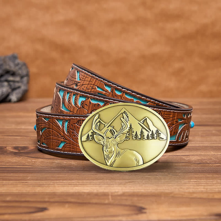 Men's DIY Carved Deer Creative Beer Holder Buckle Leather Belt - Antique Bronze - Turquoise Carved Belt - 42 - image 15