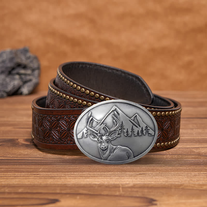 Men's DIY Carved Deer Creative Beer Holder Buckle Leather Belt - Antique Silver - Brown Rivet Belt - 42 - image 10