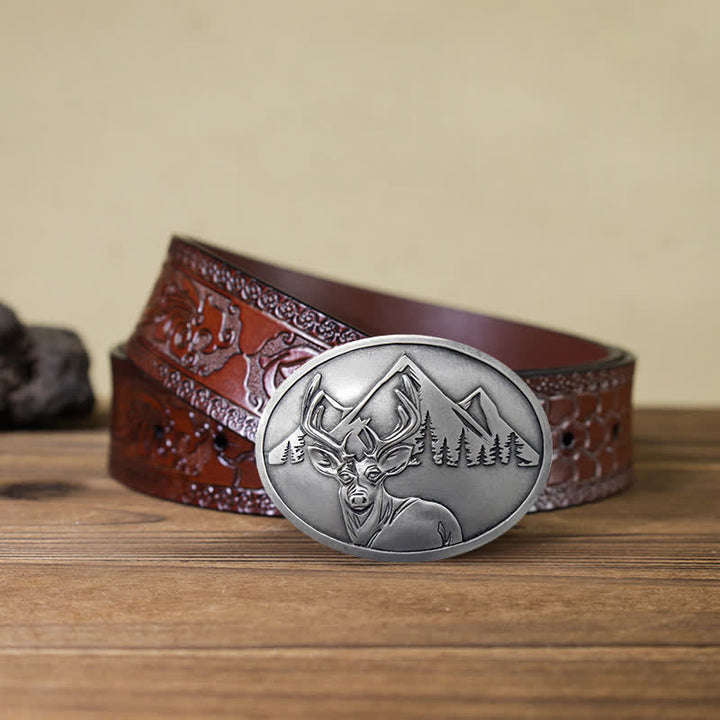 Men's DIY Carved Deer Creative Beer Holder Buckle Leather Belt - Antique Silver - Brown Carved Belt - 42 - image 12