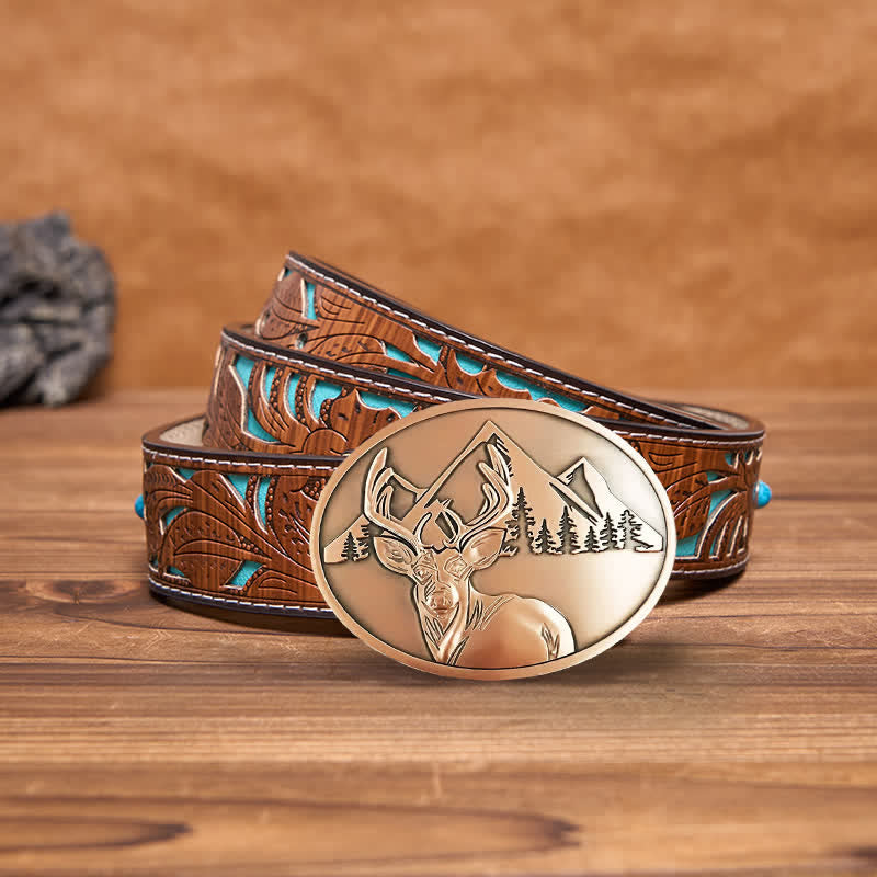 Men's DIY Carved Deer Creative Beer Holder Buckle Leather Belt - Antique Copper - Turquoise Carved Belt - 42 - image 21