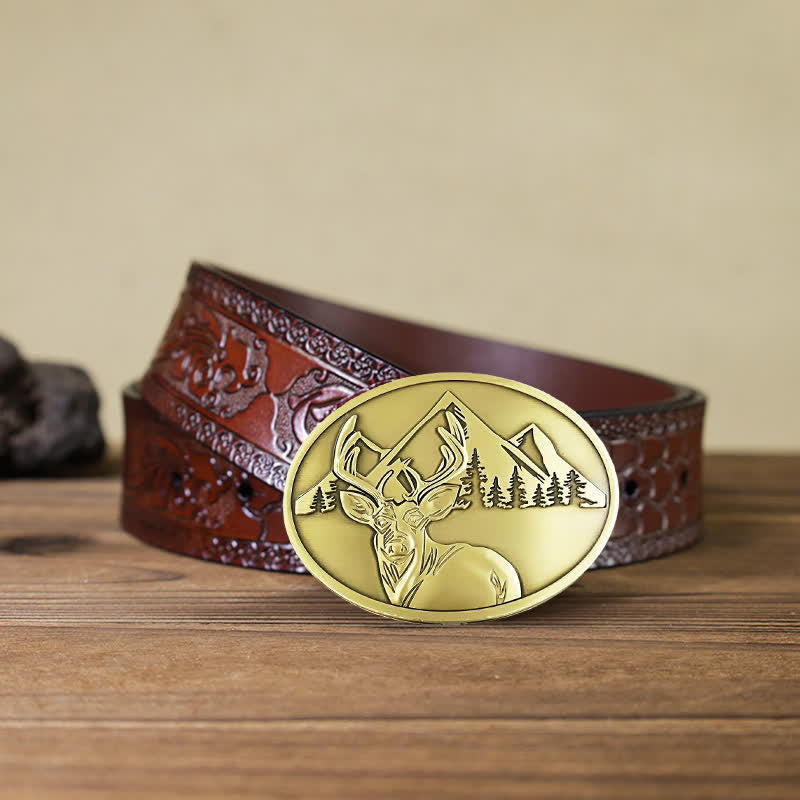 Men's DIY Carved Deer Creative Beer Holder Buckle Leather Belt - Antique Bronze - Brown Carved Belt - 42 - image 18