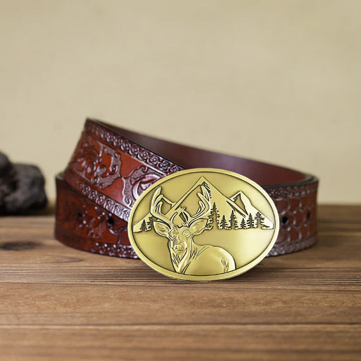 Men's DIY Carved Deer Creative Beer Holder Buckle Leather Belt - Antique Bronze - Brown Carved Belt - 42 - image 18
