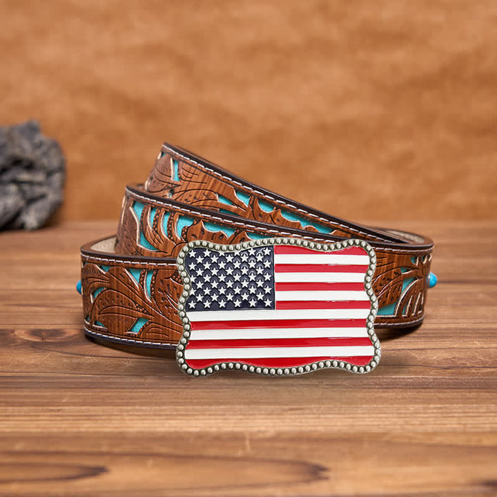 Men's DIY Creative American Flag Card Wallet Buckle Leather Belt - Antique Silver - Turquoise Carved Belt - 42 - image 20
