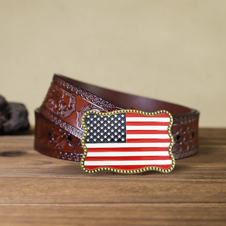 Men's DIY Creative American Flag Card Wallet Buckle Leather Belt - Antique Bronze - Brown Carved Belt - 42 - image 17