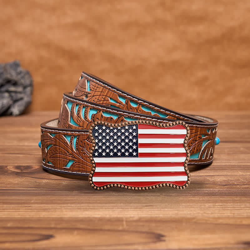 Men's DIY Creative American Flag Card Wallet Buckle Leather Belt - Antique Copper - Turquoise Carved Belt - 42 - image 8
