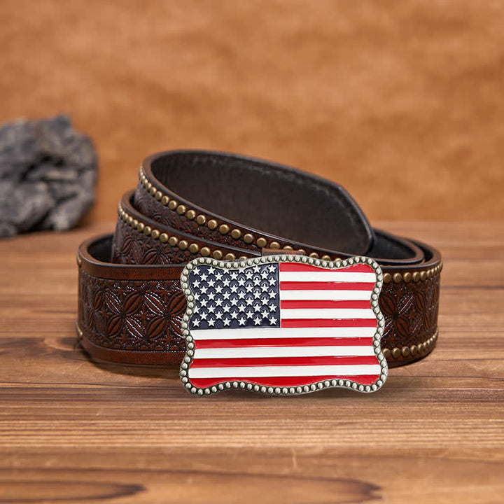 Men's DIY Creative American Flag Card Wallet Buckle Leather Belt - Antique Silver - Brown Rivet Belt - 42 - image 21