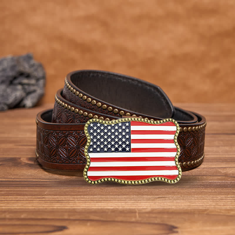 Men's DIY Creative American Flag Card Wallet Buckle Leather Belt - Antique Bronze - Brown Rivet Belt - 42 - image 15