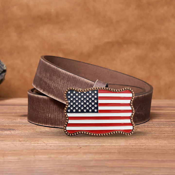 Men's DIY Creative American Flag Card Wallet Buckle Leather Belt - Antique Copper - Brown Distressed Belt - 42 - image 10