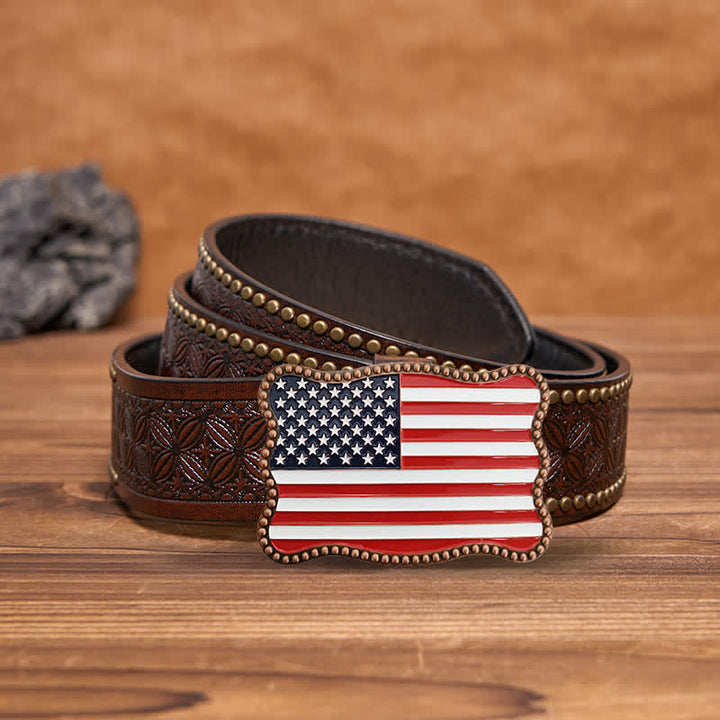 Men's DIY Creative American Flag Card Wallet Buckle Leather Belt - Antique Copper - Brown Rivet Belt - 42 - image 9