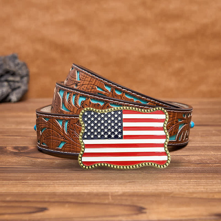Men's DIY Creative American Flag Card Wallet Buckle Leather Belt - Antique Bronze - Turquoise Carved Belt - 42 - image 14