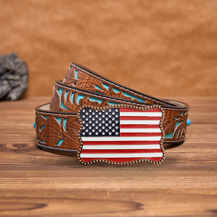 Men's DIY Creative American Flag Card Wallet Buckle Leather Belt - Antique Copper - Turquoise Carved Belt - 42 - image 8