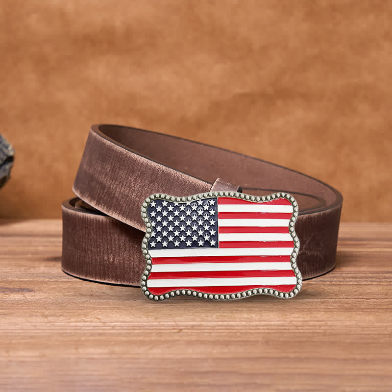 Men's DIY Creative American Flag Card Wallet Buckle Leather Belt - Antique Silver - Brown Distressed Belt - 42 - image 22