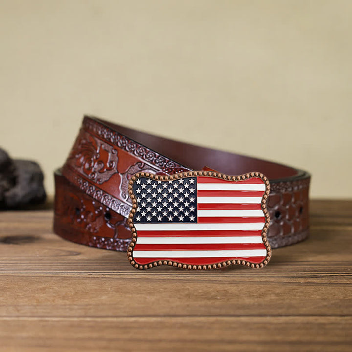 Men's DIY Creative American Flag Card Wallet Buckle Leather Belt - Antique Copper - Brown Carved Belt - 42 - image 11
