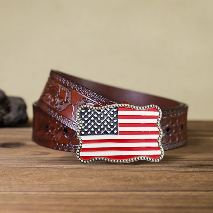Men's DIY Creative American Flag Card Wallet Buckle Leather Belt - Antique Silver - Brown Carved Belt - 42 - image 23