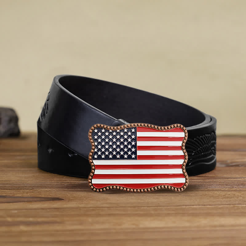 Men's DIY Creative American Flag Card Wallet Buckle Leather Belt - Antique Copper - Black Embossed Eagle Belt - 42 - image 7