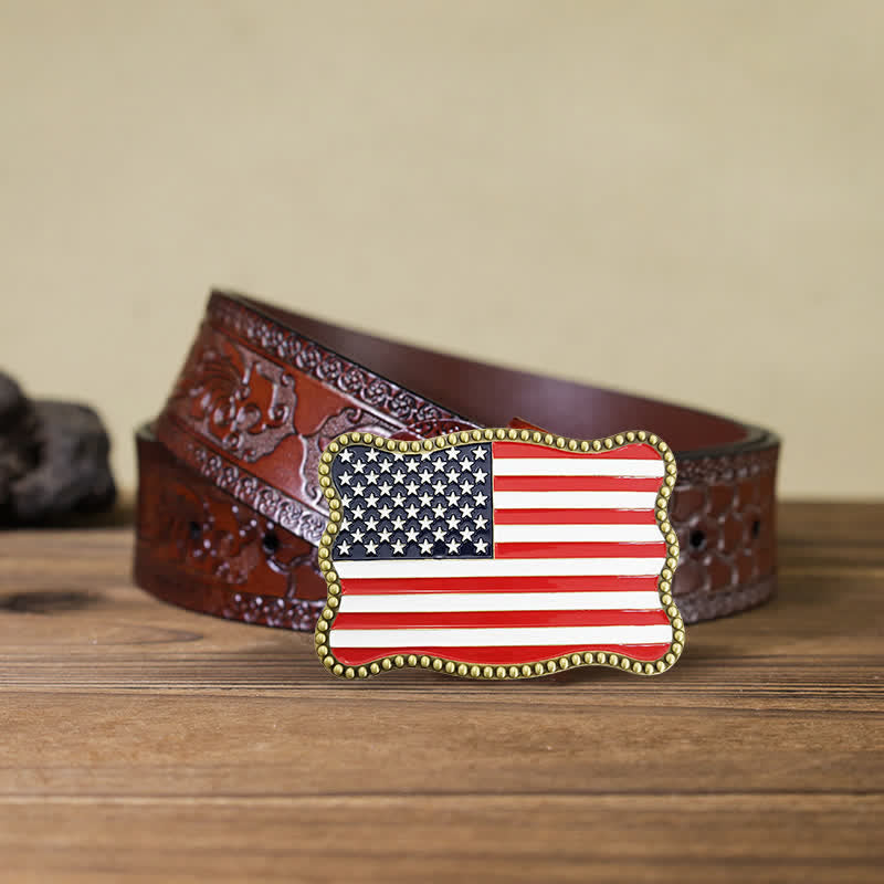 Men's DIY Creative American Flag Card Wallet Buckle Leather Belt - Antique Bronze - Brown Carved Belt - 42 - image 17