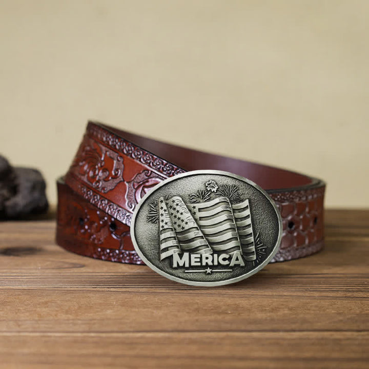 Men's DIY Native American Flag Texas Style Buckle Leather Belt - Silver - Brown Carved Belt - 42 - image 6