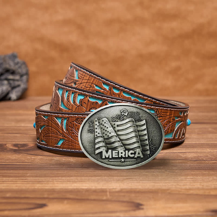 Men's DIY Native American Flag Texas Style Buckle Leather Belt - Silver - Turquoise Carved Belt - 42 - image 3