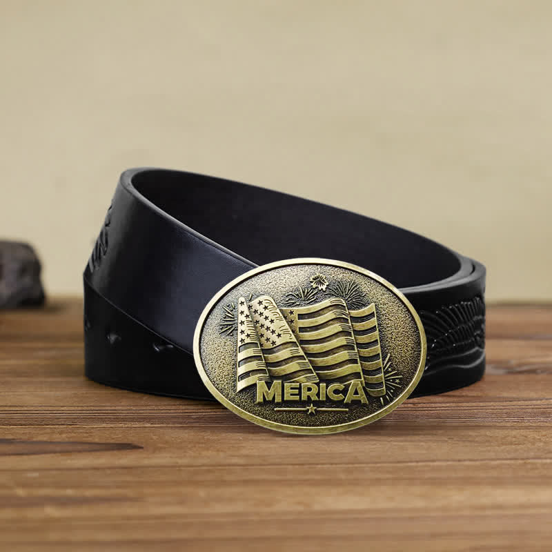 Men's DIY Native American Flag Texas Style Buckle Leather Belt - Bronze - Black Embossed Eagle Belt - 42 - image 10