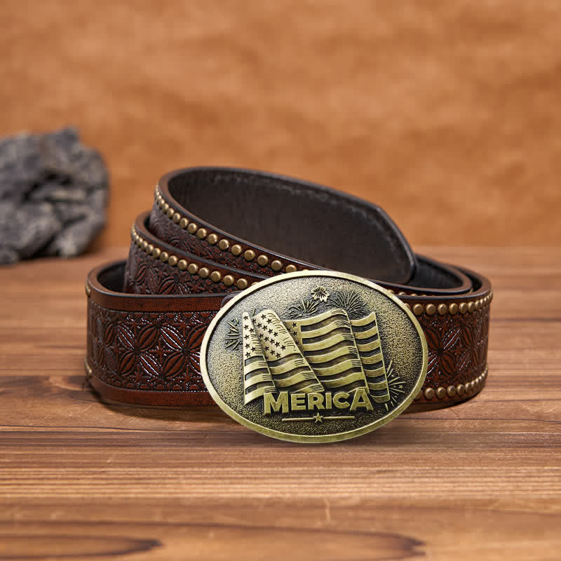 Men's DIY Native American Flag Texas Style Buckle Leather Belt - Bronze - Brown Rivet Belt - 42 - image 12