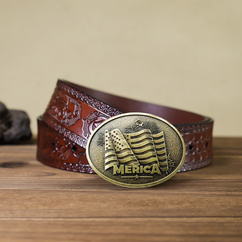 Men's DIY Native American Flag Texas Style Buckle Leather Belt - Bronze - Brown Carved Belt - 42 - image 14