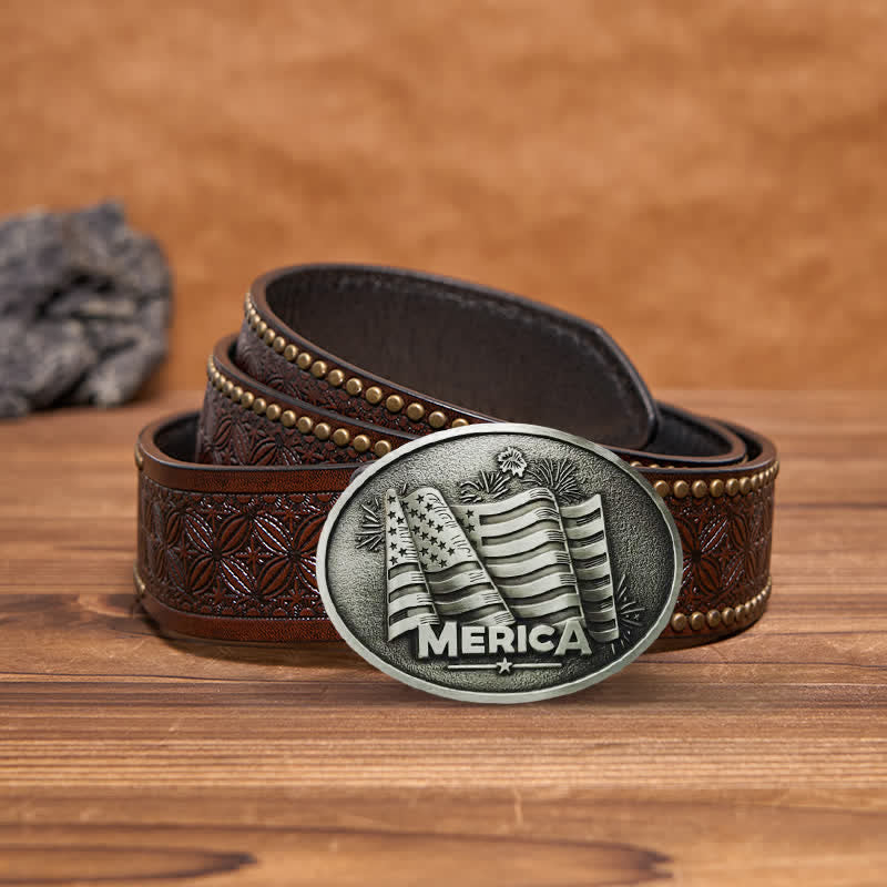 Men's DIY Native American Flag Texas Style Buckle Leather Belt - Silver - Brown Rivet Belt - 42 - image 4