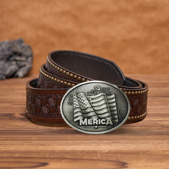 Men's DIY Native American Flag Texas Style Buckle Leather Belt - Silver - Brown Rivet Belt - 42 - image 4