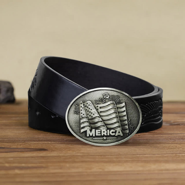 Men's DIY Native American Flag Texas Style Buckle Leather Belt - Silver - Black Embossed Eagle Belt - 42 - image 2