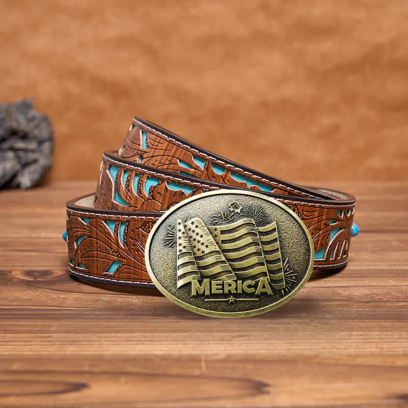 Men's DIY Native American Flag Texas Style Buckle Leather Belt - Bronze - Turquoise Carved Belt - 42 - image 11