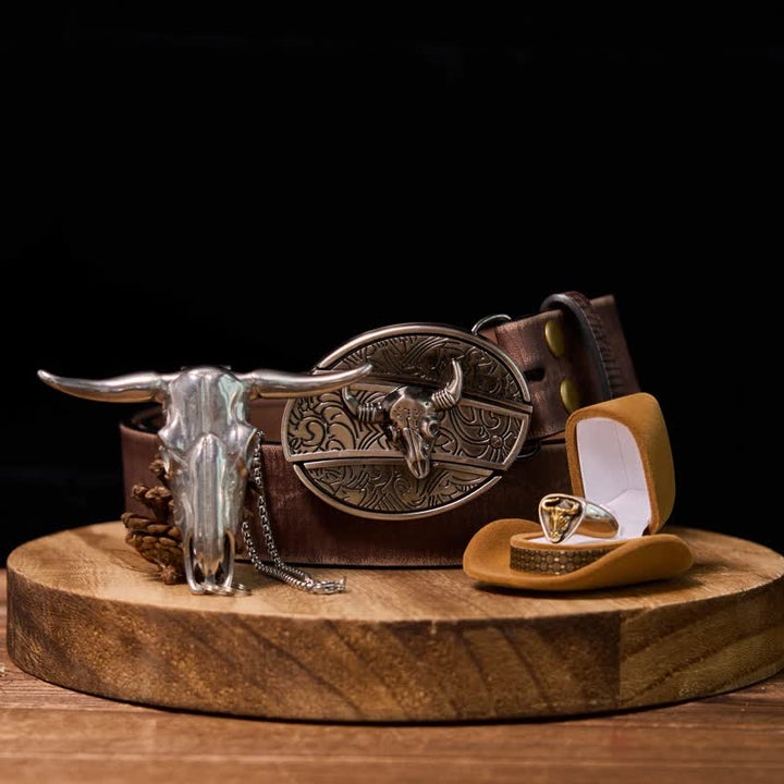 Longhorn Bull DIY Hidden Knife Belt Buckle Pendant Ring Bundle Set - Gold - Brown Distressed Belt - 42 - image 0