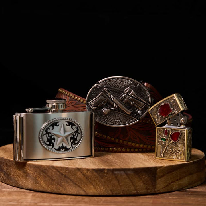 Dual Guns DIY Hidden Knife Belt Buckle Star Flask Buckle Rose Lighter Bundle Set  - Bundle Set - image 0
