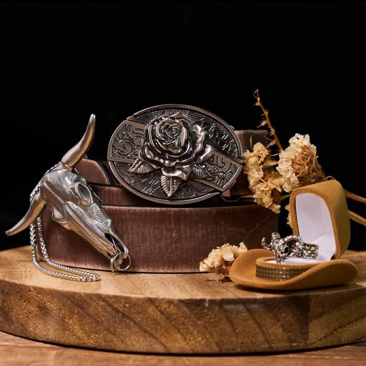 Rose DIY Hidden Knife Belt Buckle Longhorn Pendant Goat Ring Bundle Set  - Bundle Set - Brown Distressed Belt - 42 - image 0