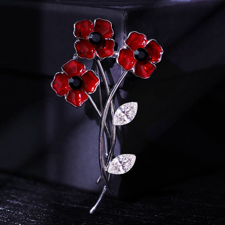 Unisex Red Poppy Bouquet Posy Stem Brooch - Silver - image 4
