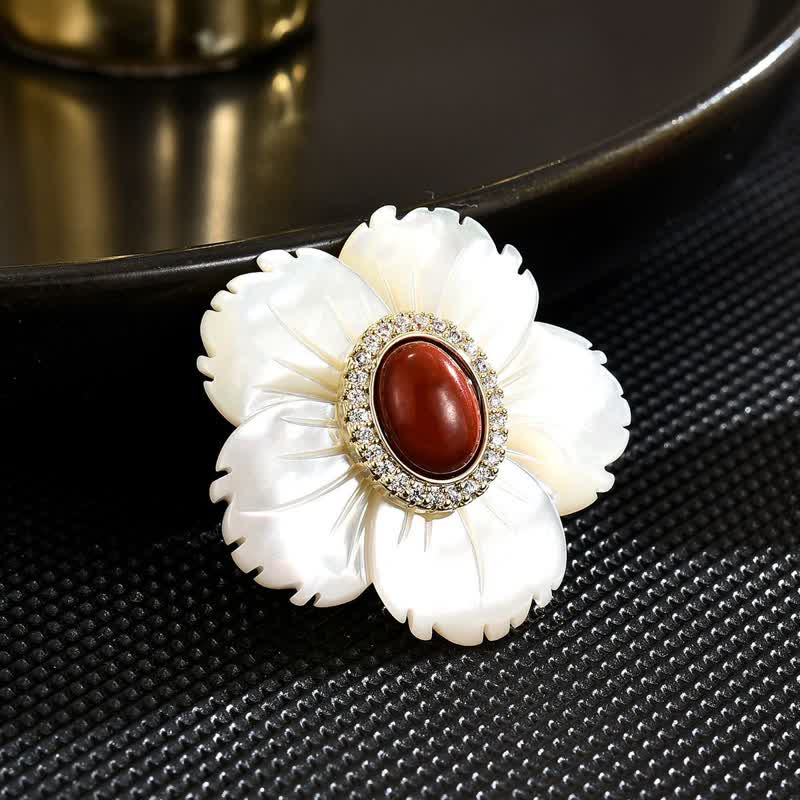 Women's White Natural Shell Flower Red Agate Brooch - White - image 0