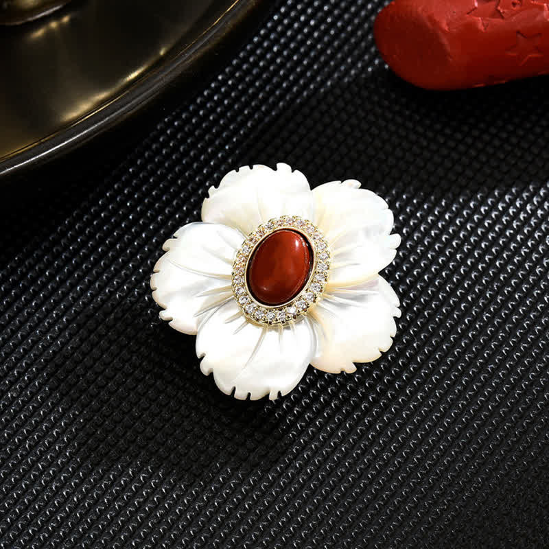Women's White Natural Shell Flower Red Agate Brooch - image 2