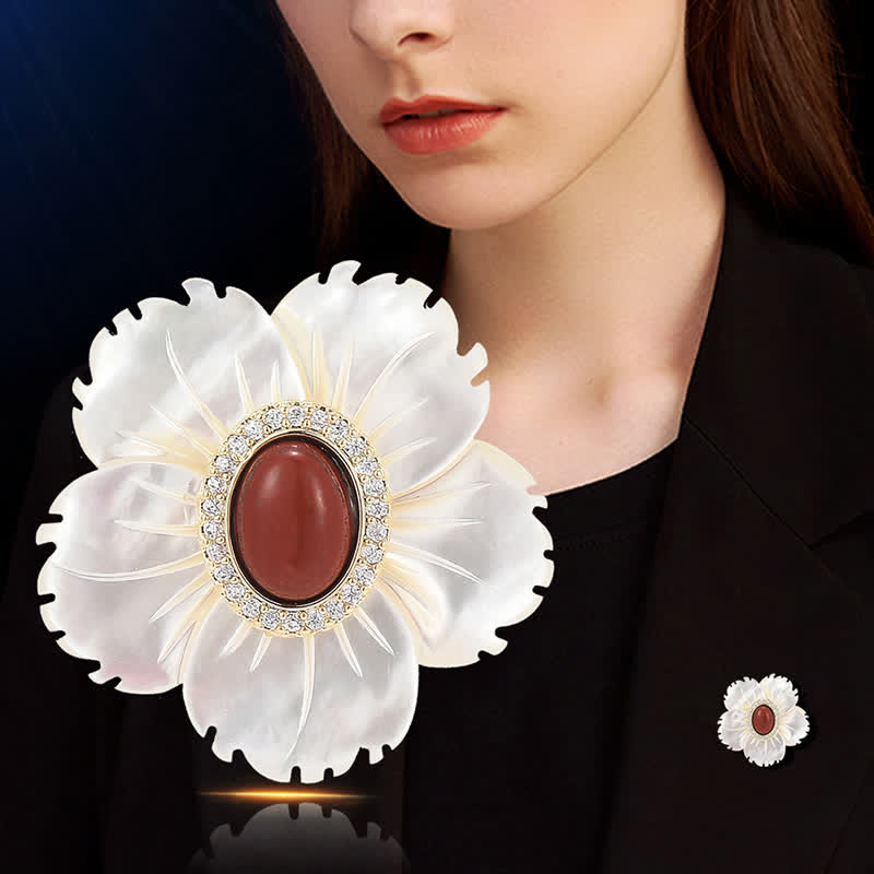 Women's White Natural Shell Flower Red Agate Brooch - image 1