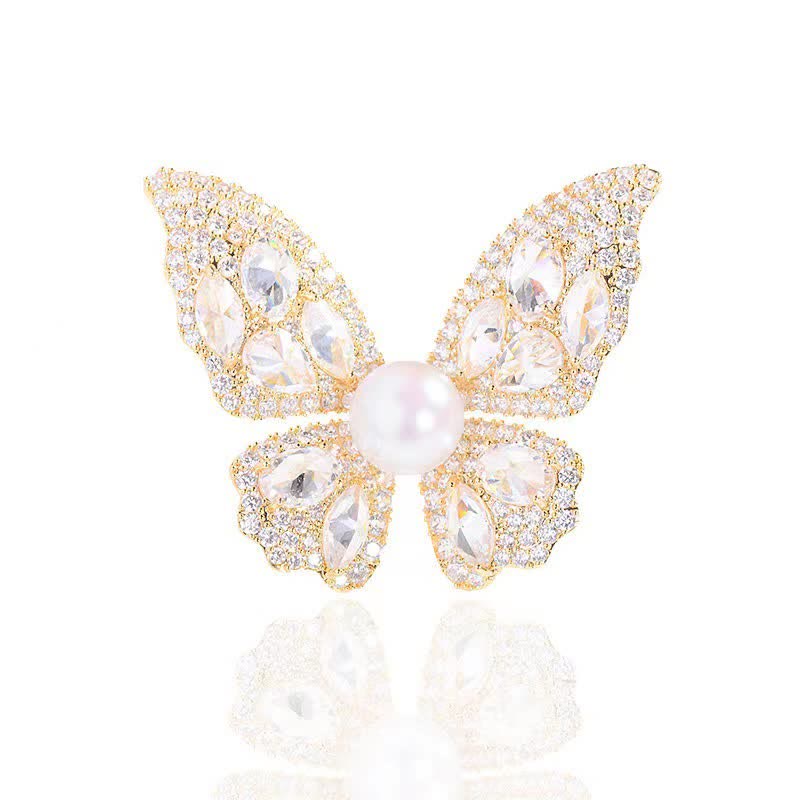 Women's Sparkling Zircon Pearl Butterfly Brooch - Gold - image 5