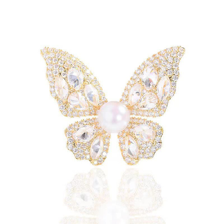 Women's Sparkling Zircon Pearl Butterfly Brooch - Gold - image 5