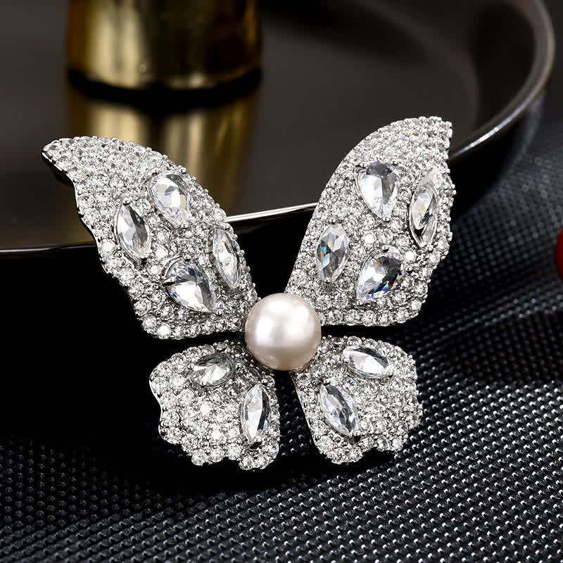 Women's Sparkling Zircon Pearl Butterfly Brooch - Silver - image 0