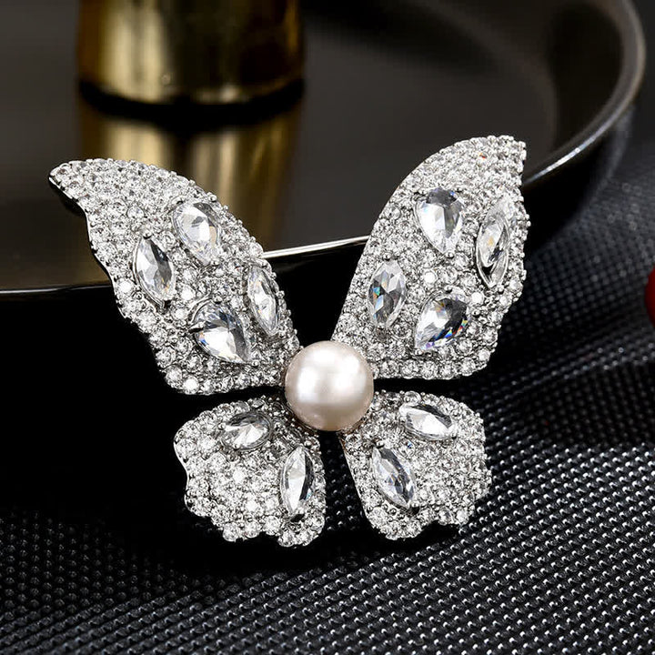 Women's Sparkling Zircon Pearl Butterfly Brooch - Silver - image 0