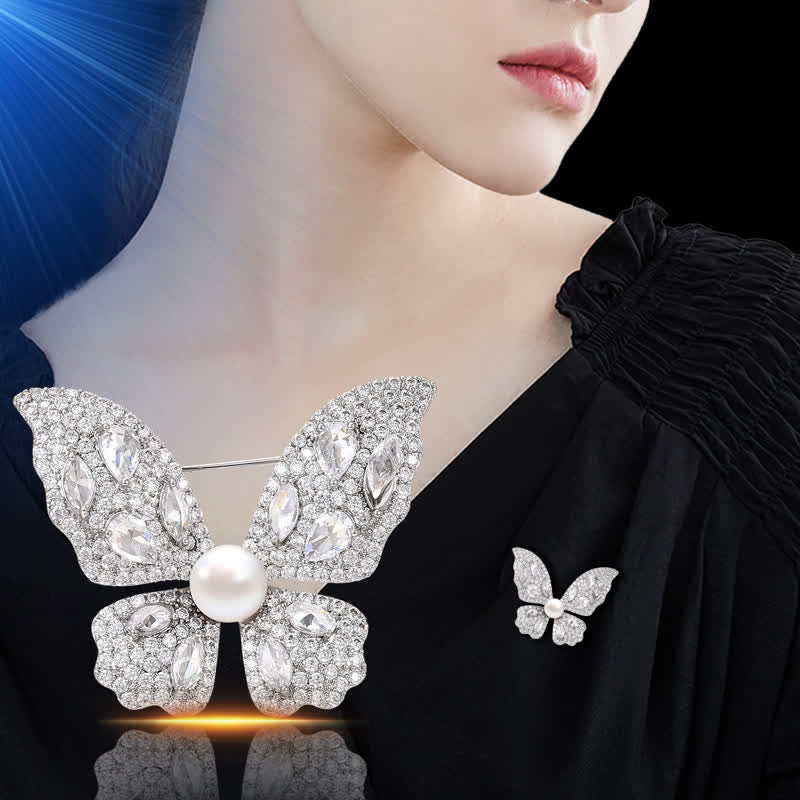 Women's Sparkling Zircon Pearl Butterfly Brooch - image 1