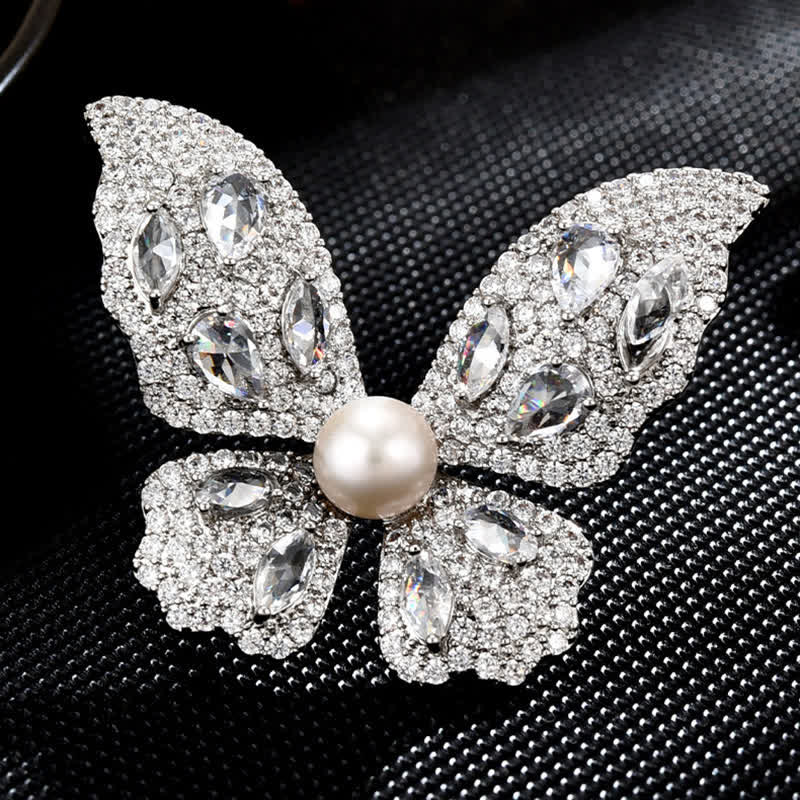 Women's Sparkling Zircon Pearl Butterfly Brooch - image 2