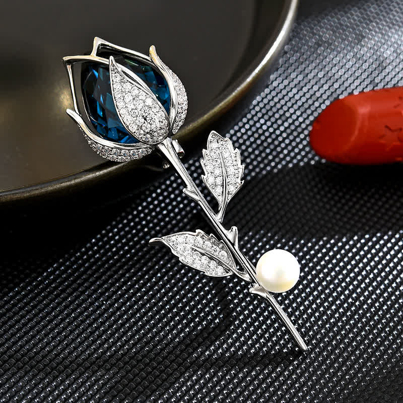 Women's Classy Blue Tulip Created Crystal Brooch - Silver - image 0